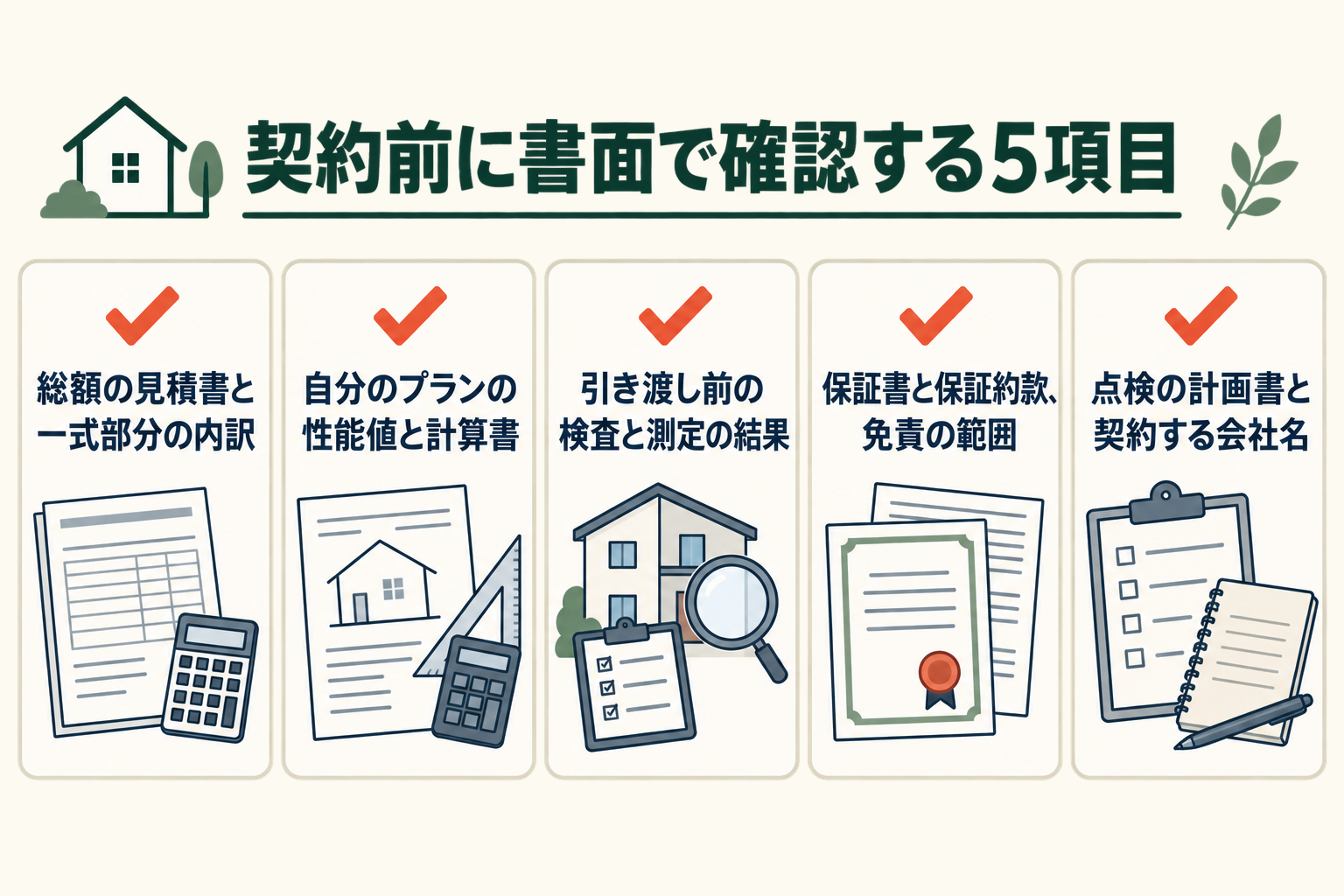 契約前に書面で確認する5項目の図。総額の見積書と一式部分の内訳/自分のプランの性能値と計算書/引き渡し前の検査と測定の結果/保証書と保証約款、免責の範囲/点検の計画書と契約する会社名。