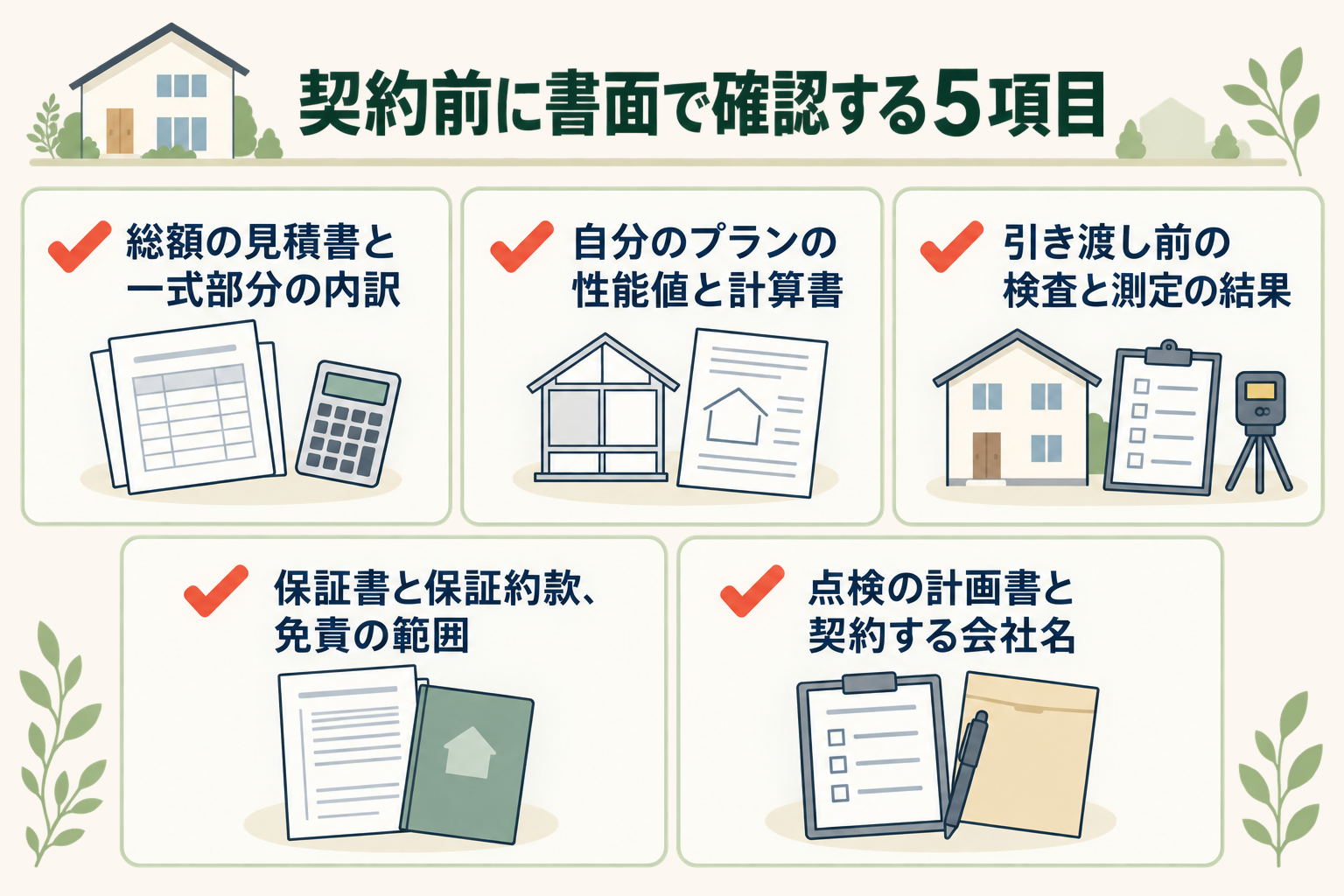 契約前に書面で確認する5項目の図。総額の見積書と一式部分の内訳／自分のプランの性能値と計算書／引き渡し前の検査と測定の結果／保証書と保証約款、免責の範囲／点検の計画書と契約する会社名。