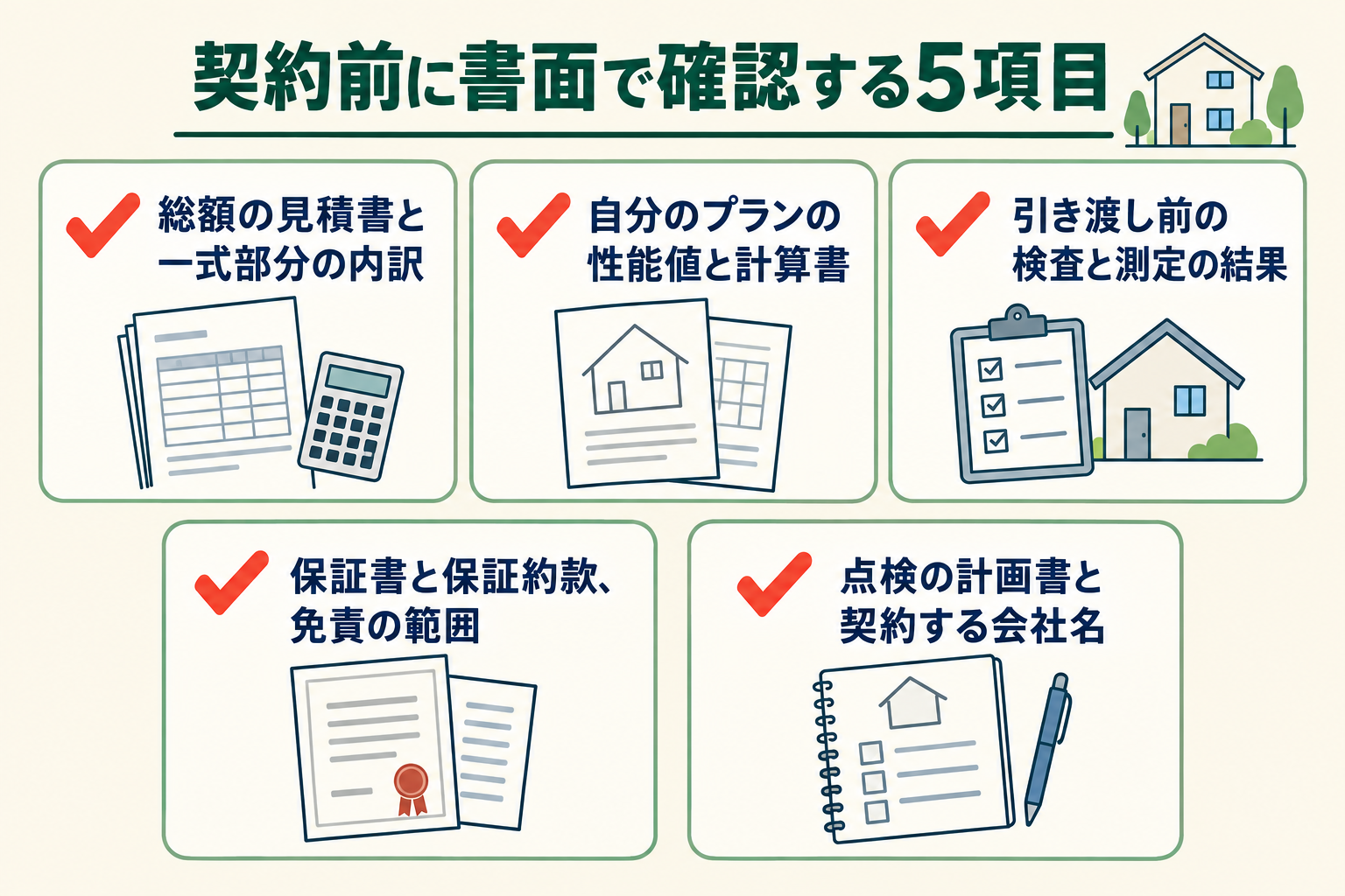 契約前に書面で確認する5項目の図。総額の見積書と一式部分の内訳／自分のプランの性能値と計算書／引き渡し前の検査と測定の結果／保証書と保証約款、免責の範囲／点検の計画書と契約する会社名。
