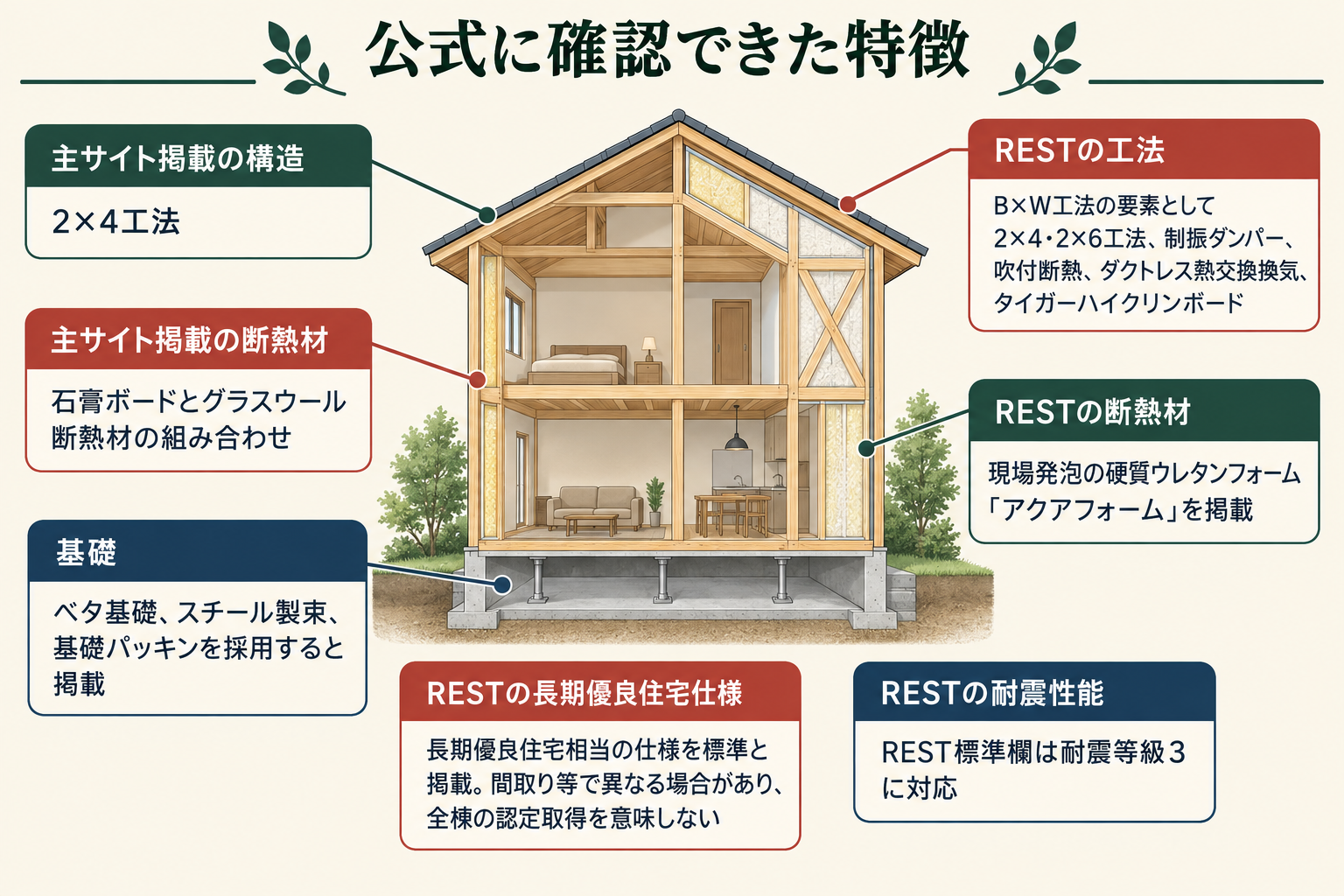公式に確認できた特徴の図。基礎＝ベタ基礎、スチール製束、基礎パッキンを採用すると掲載／主サイト掲載の構造＝2×4工法／主サイト掲載の断熱材＝石膏ボードとグラスウール断熱材の組み合わせ／RESTの工法＝B×W工法の要素として2×4・2×6工法、制振ダンパー、吹付断熱、ダクトレス熱交換換気、タイガーハイクリンボード／RESTの断熱材＝現場発泡の硬質ウレタンフォーム「アクアフォーム」を掲載／RESTの長期優良住宅仕様＝長期優良住宅相当の仕様を標準と掲載。間取り等で異なる場合があり、全棟の認定取得を意味しない／RESTの耐震性能＝REST標準欄は耐震等級3に対応。