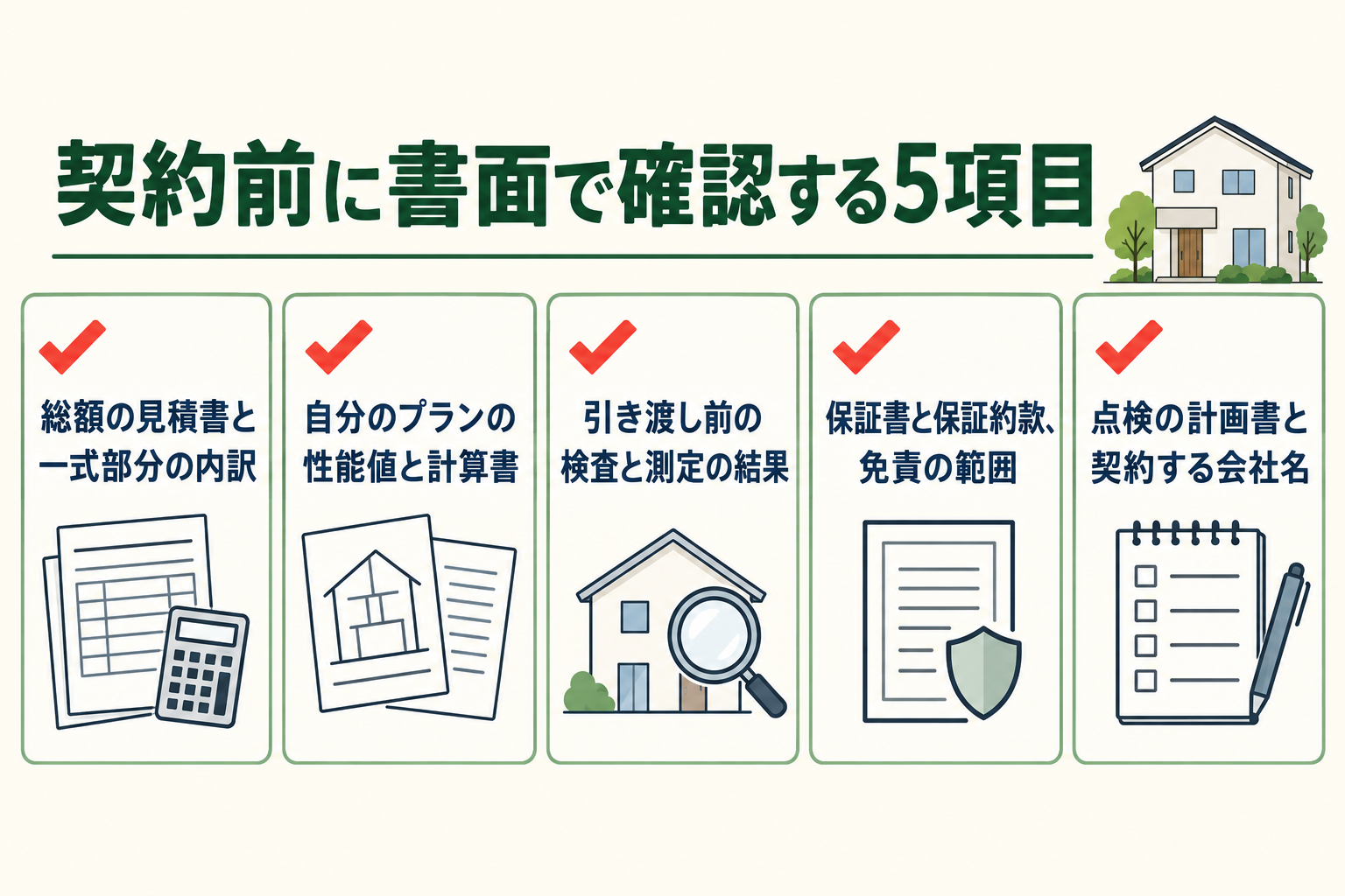 契約前に書面で確認する5項目の図。総額の見積書と一式部分の内訳／自分のプランの性能値と計算書／引き渡し前の検査と測定の結果／保証書と保証約款、免責の範囲／点検の計画書と契約する会社名。