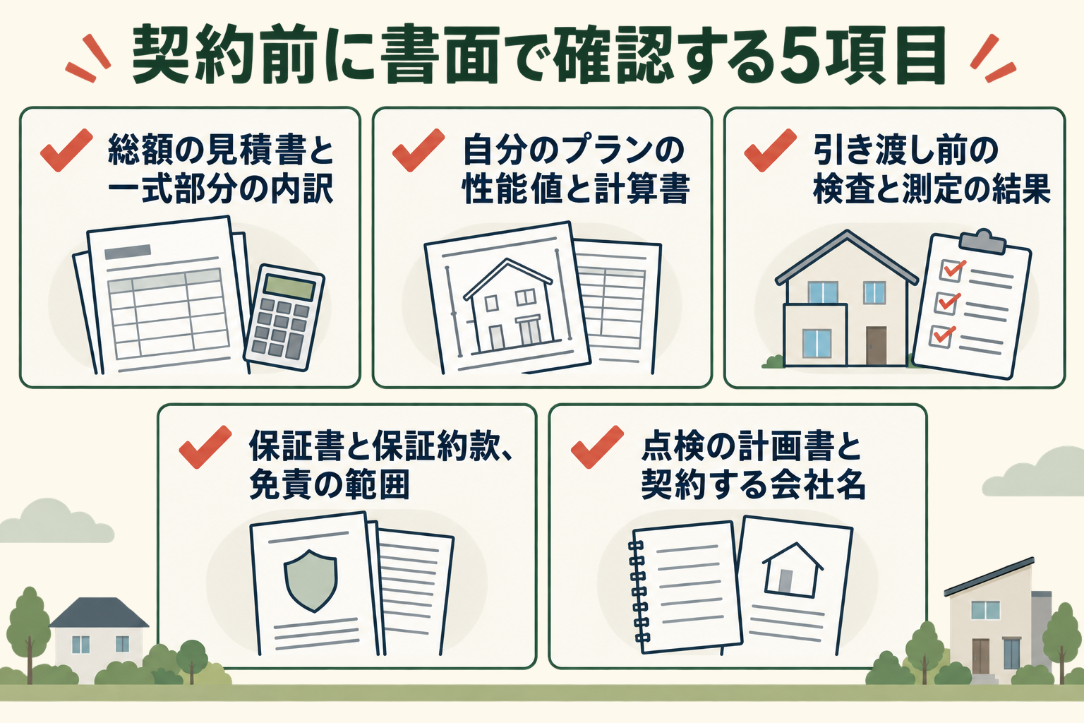 契約前に書面で確認する5項目の図。総額の見積書と一式部分の内訳/自分のプランの性能値と計算書/引き渡し前の検査と測定の結果/保証書と保証約款、免責の範囲/点検の計画書と契約する会社名。