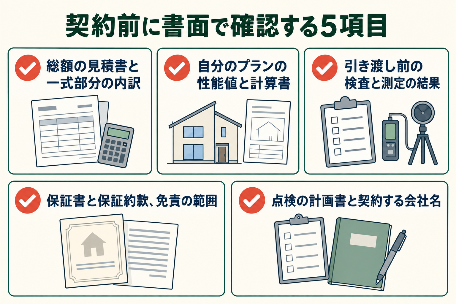 契約前に書面で確認する5項目の図。総額の見積書と一式部分の内訳/自分のプランの性能値と計算書/引き渡し前の検査と測定の結果/保証書と保証約款、免責の範囲/点検の計画書と契約する会社名。