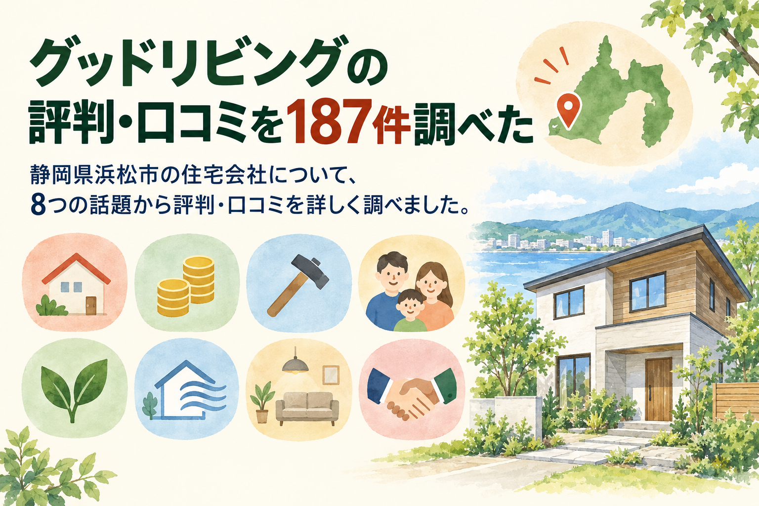 グッドリビングの評判・口コミを187件調べた記事の扉。静岡県浜松市の住宅会社について、8つの話題から評判・口コミを調べたことを示し、話題を文字のないアイコン8つで表している。水彩の戸建て住宅と、目印の付いた地図のイラスト付き