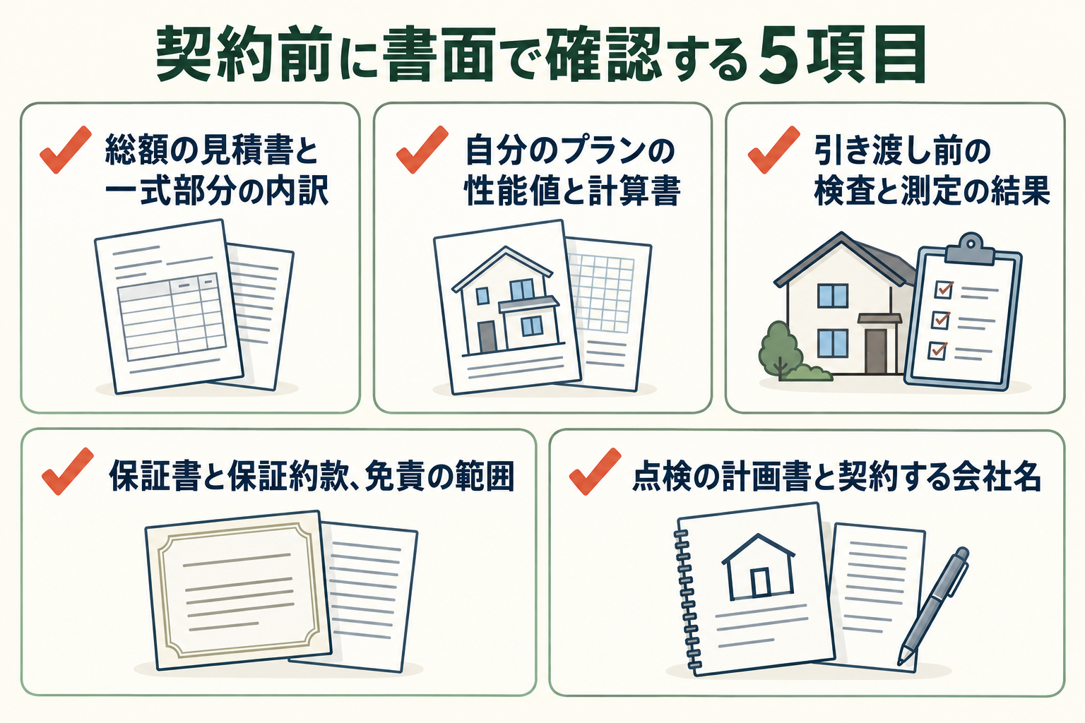 契約前に書面で確認する5項目の図。総額の見積書と一式部分の内訳／自分のプランの性能値と計算書／引き渡し前の検査と測定の結果／保証書と保証約款、免責の範囲／点検の計画書と契約する会社名。