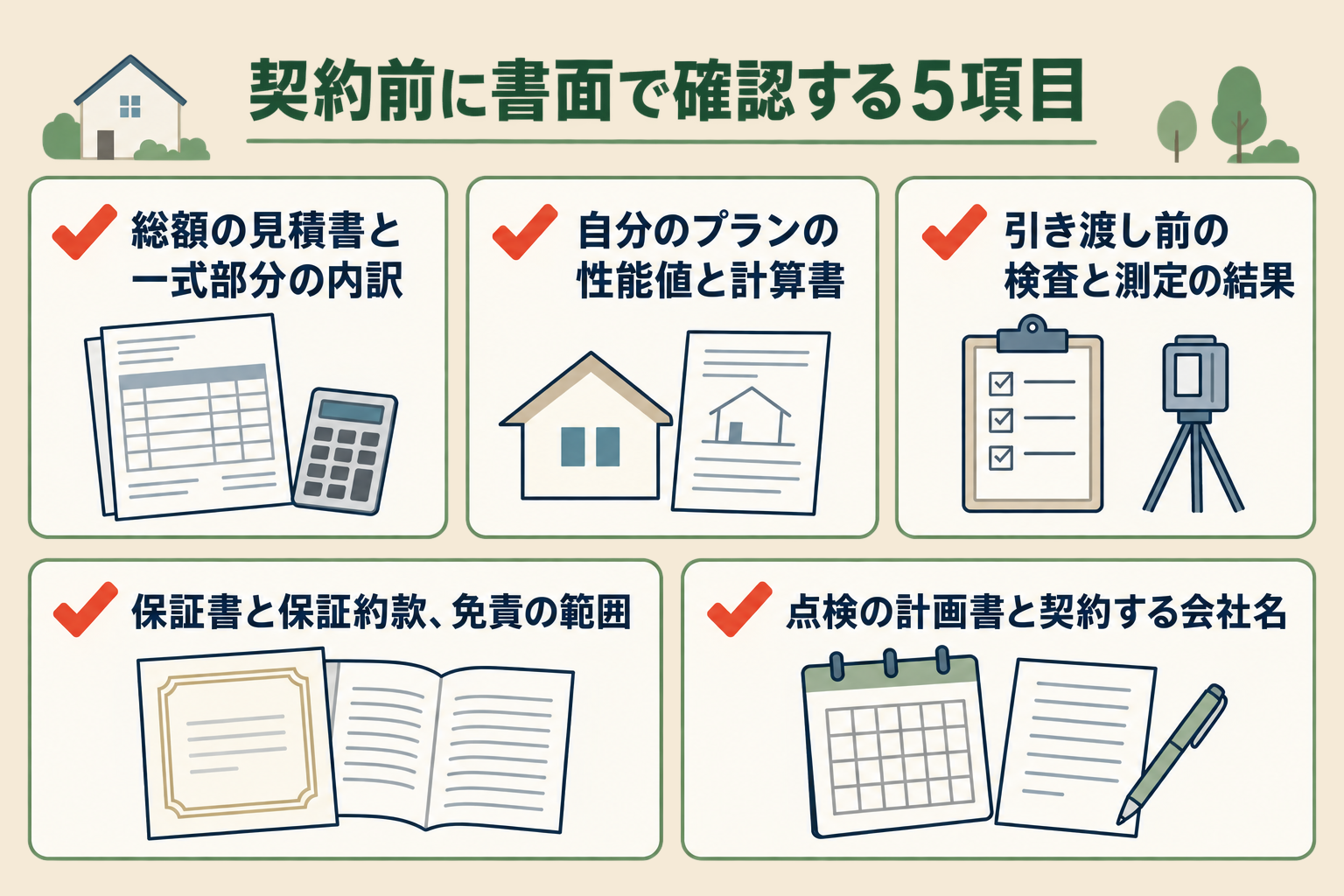 契約前に書面で確認する5項目の図。総額の見積書と一式部分の内訳/自分のプランの性能値と計算書/引き渡し前の検査と測定の結果/保証書と保証約款、免責の範囲/点検の計画書と契約する会社名。