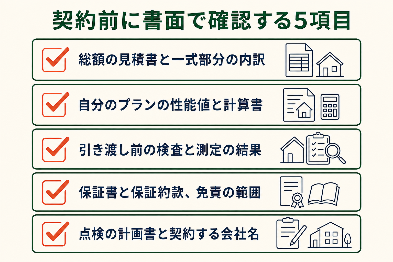契約前に書面で確認する5項目の図。総額の見積書と一式部分の内訳／自分のプランの性能値と計算書／引き渡し前の検査と測定の結果／保証書と保証約款、免責の範囲／点検の計画書と契約する会社名。