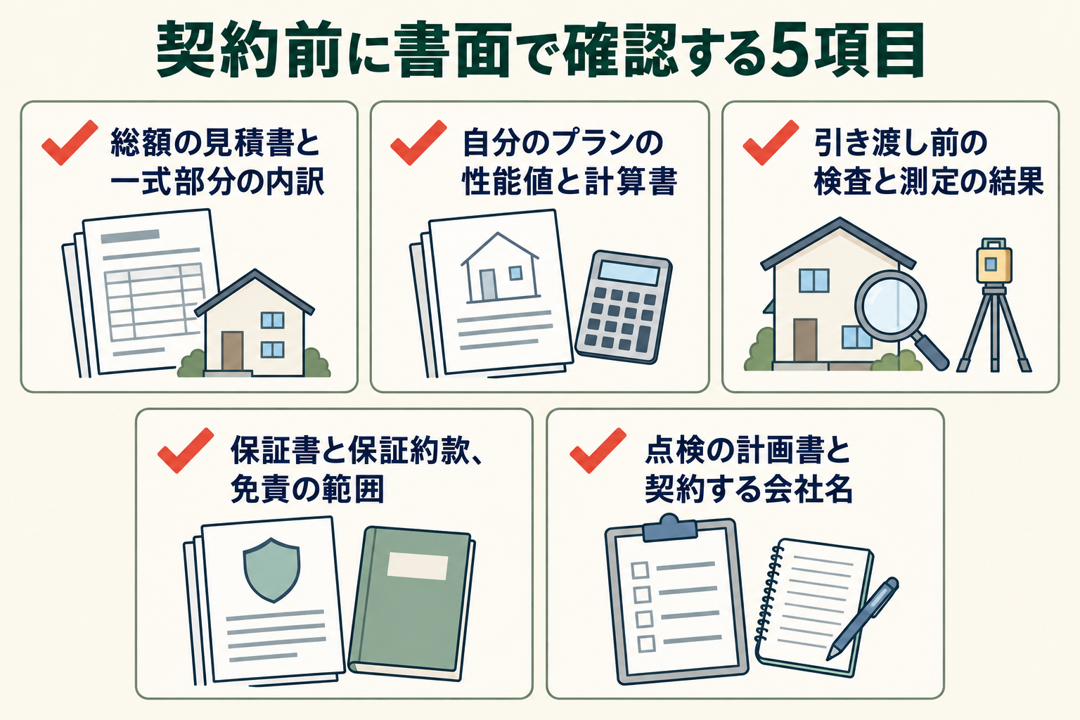 契約前に書面で確認する5項目の図。総額の見積書と一式部分の内訳／自分のプランの性能値と計算書／引き渡し前の検査と測定の結果／保証書と保証約款、免責の範囲／点検の計画書と契約する会社名。