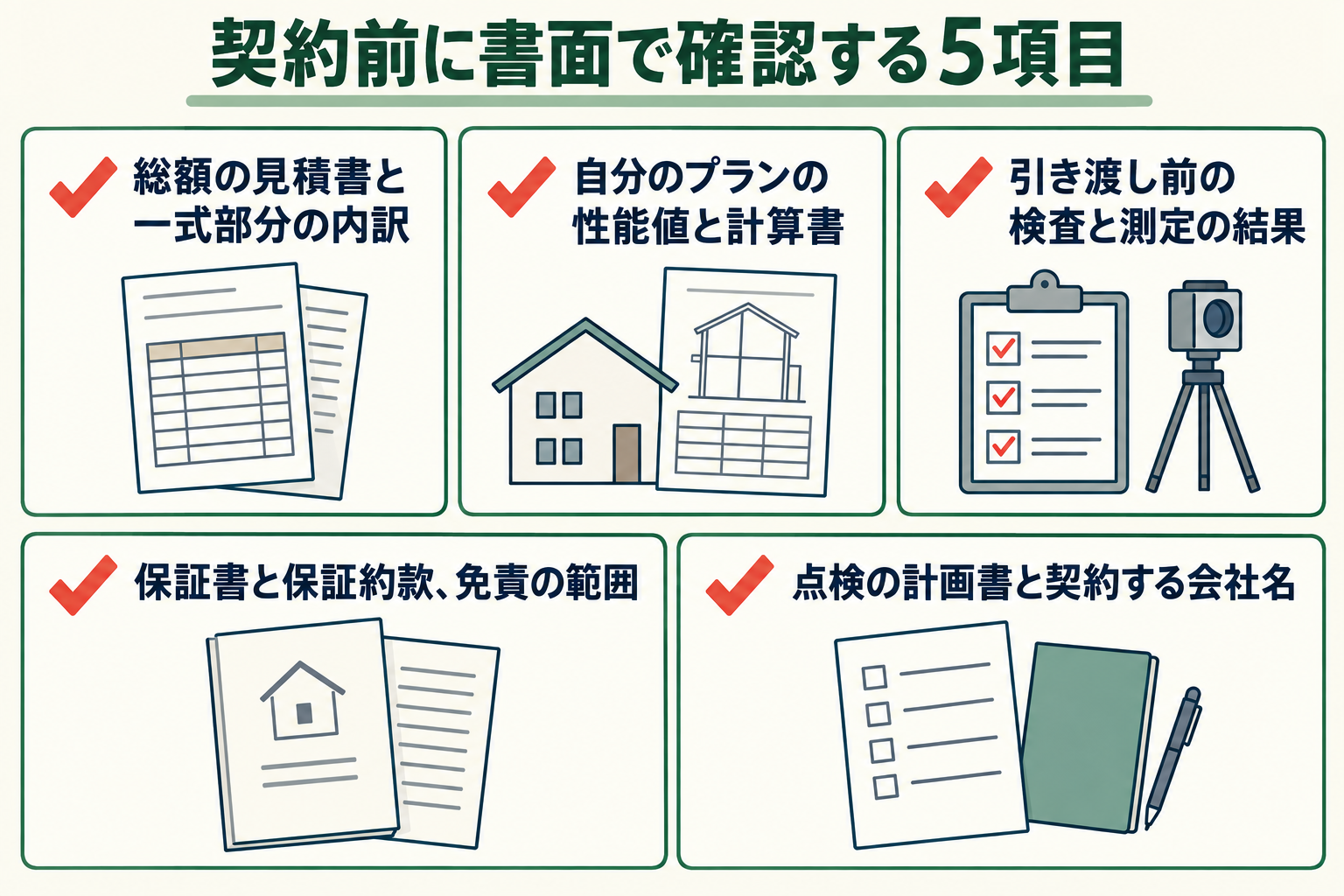 契約前に書面で確認する5項目の図。総額の見積書と一式部分の内訳/自分のプランの性能値と計算書/引き渡し前の検査と測定の結果/保証書と保証約款、免責の範囲/点検の計画書と契約する会社名。