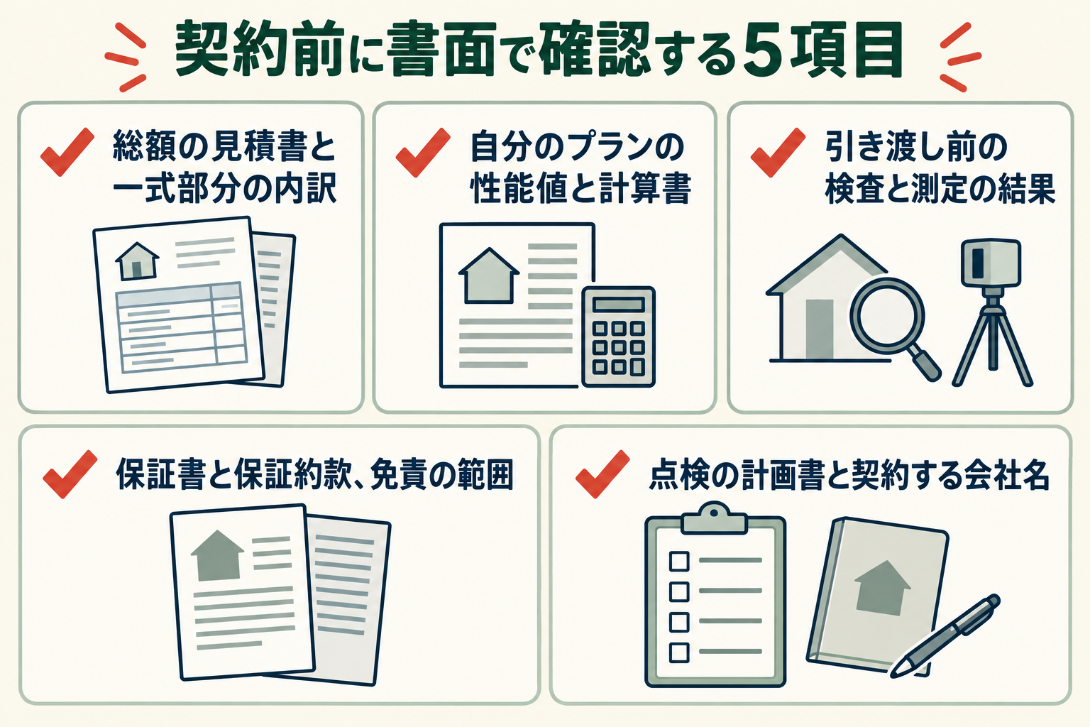 契約前に書面で確認する5項目の図。総額の見積書と一式部分の内訳／自分のプランの性能値と計算書／引き渡し前の検査と測定の結果／保証書と保証約款、免責の範囲／点検の計画書と契約する会社名。
