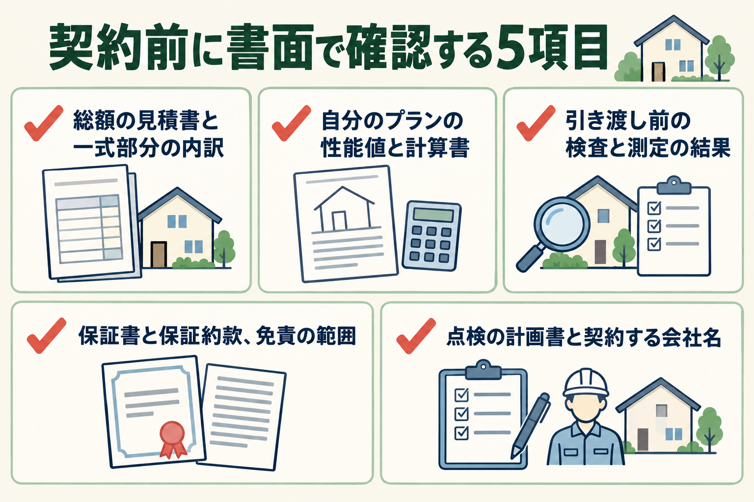 契約前に書面で確認する5項目の図。総額の見積書と一式部分の内訳／自分のプランの性能値と計算書／引き渡し前の検査と測定の結果／保証書と保証約款、免責の範囲／点検の計画書と契約する会社名。