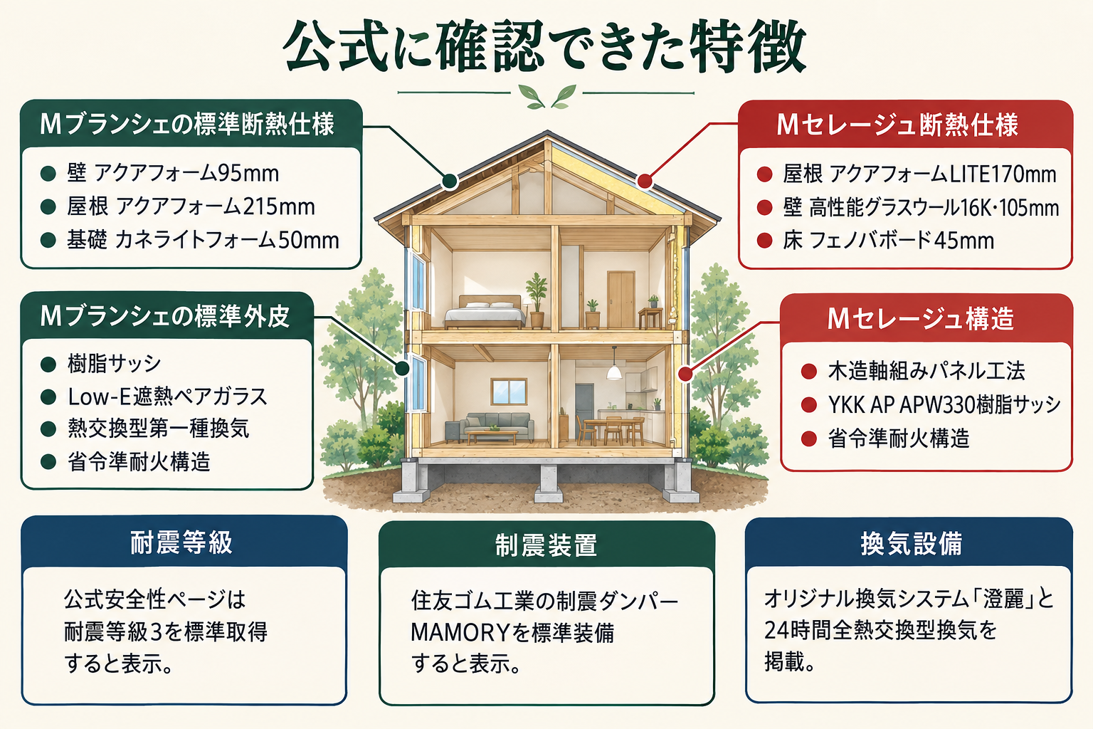 公式に確認できた特徴の図。Mブランシェの標準断熱仕様＝壁アクアフォーム95mm、屋根アクアフォーム215mm、基礎カネライトフォーム50mm／Mブランシェの標準外皮＝樹脂サッシ、Low-E遮熱ペアガラス、熱交換型第一種換気、省令準耐火構造を掲載／Mセレージュ断熱仕様＝屋根アクアフォームLITE170mm、壁高性能グラスウール16K・105mm、床フェノバボード45mm／Mセレージュ構造＝木造軸組みパネル工法、YKK AP APW330樹脂サッシ、省令準耐火構造を掲載／耐震等級＝公式安全性ページは耐震等級3を標準取得すると表示／制震装置＝住友ゴム工業の制震ダンパーMAMORYを標準装備すると表示／換気設備＝オリジナル換気システム「澄麗」と24時間全熱交換型換気を掲載。