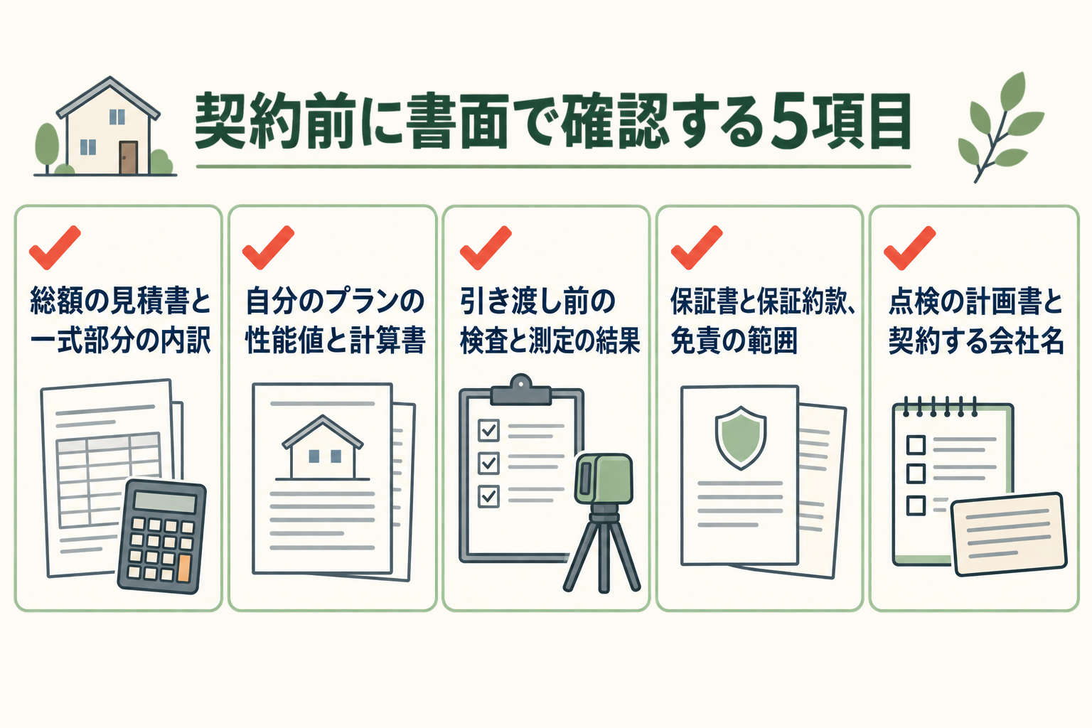 契約前に書面で確認する5項目の図。総額の見積書と一式部分の内訳/自分のプランの性能値と計算書/引き渡し前の検査と測定の結果/保証書と保証約款、免責の範囲/点検の計画書と契約する会社名。
