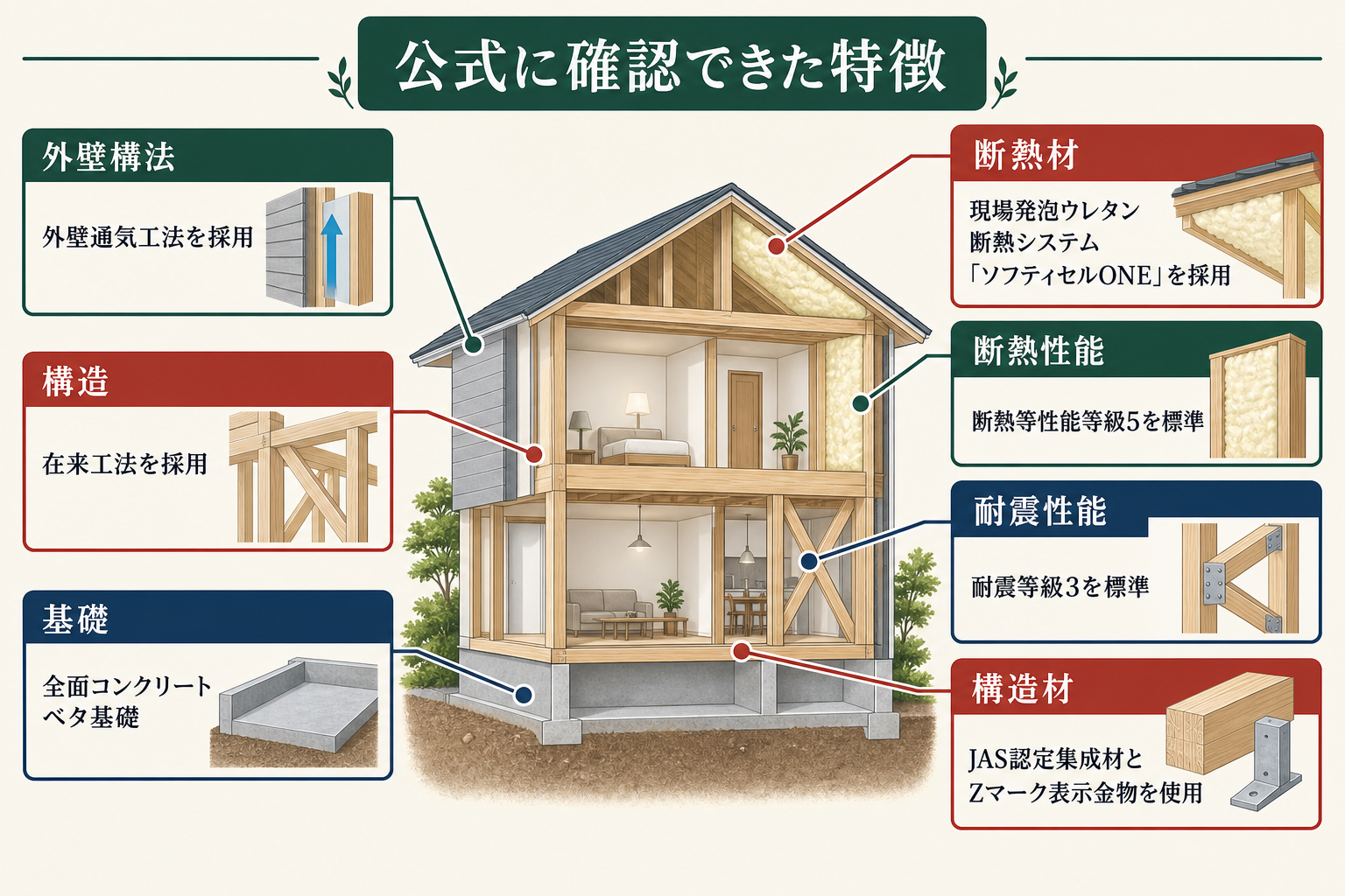 公式に確認できた特徴の図。外壁構法=外壁通気工法を採用/耐震性能=耐震等級3を標準/構造=在来工法を採用/基礎=全面コンクリートベタ基礎/構造材=JAS認定集成材とZマーク表示金物を使用/断熱性能=断熱等性能等級5を標準/断熱材=現場発泡ウレタン断熱システム「ソフティセルONE」を採用。