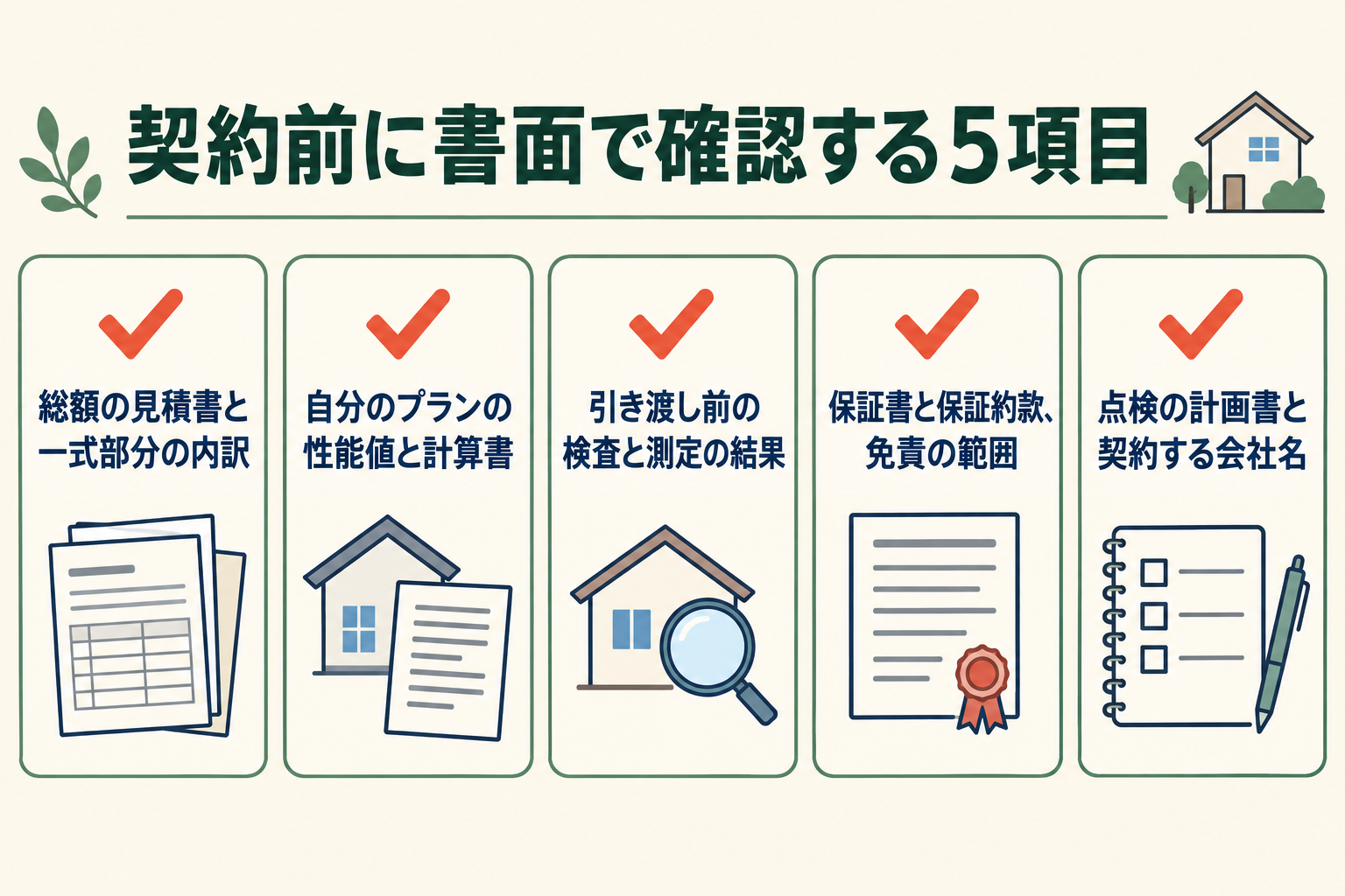 契約前に書面で確認する5項目の図。総額の見積書と一式部分の内訳／自分のプランの性能値と計算書／引き渡し前の検査と測定の結果／保証書と保証約款、免責の範囲／点検の計画書と契約する会社名。