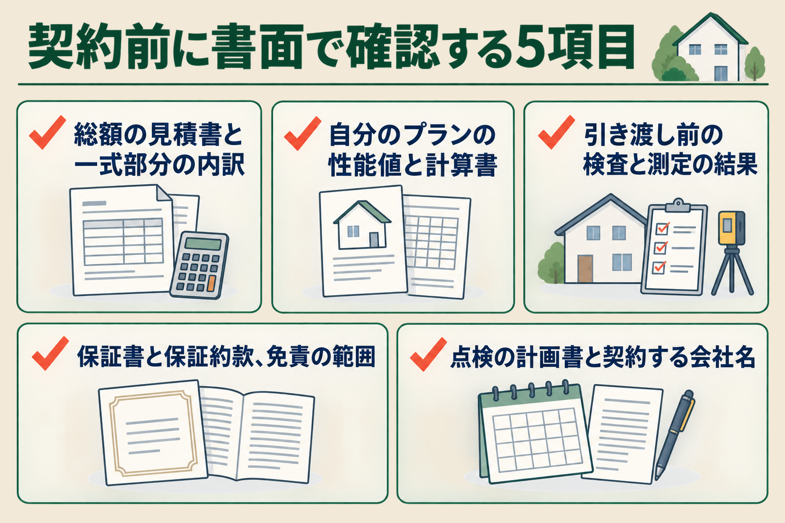 契約前に書面で確認する5項目の図。総額の見積書と一式部分の内訳／自分のプランの性能値と計算書／引き渡し前の検査と測定の結果／保証書と保証約款、免責の範囲／点検の計画書と契約する会社名。
