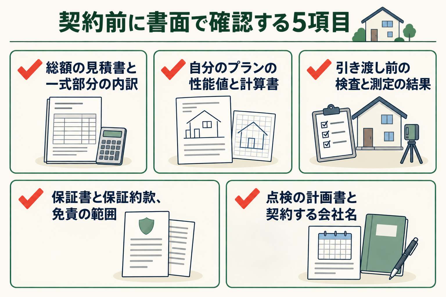契約前に書面で確認する5項目の図。総額の見積書と一式部分の内訳／自分のプランの性能値と計算書／引き渡し前の検査と測定の結果／保証書と保証約款、免責の範囲／点検の計画書と契約する会社名。