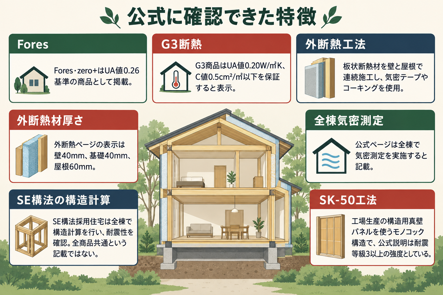公式に確認できた特徴の図。Fores＝Fores・zero+はUA値0.26基準の商品として掲載／G3断熱＝G3商品はUA値0.20W/㎡K、C値0.5cm²/㎡以下を保証すると表示／外断熱工法＝板状断熱材を壁と屋根で連続施工し、気密テープやコーキングを使用／外断熱材厚さ＝外断熱ページの表示は壁40mm、基礎40mm、屋根60mm／全棟気密測定＝公式ページは全棟で気密測定を実施すると記載／SE構法の構造計算＝SE構法採用住宅は全棟で構造計算を行い、耐震性を確認。全商品共通という記載ではない／SK-50工法＝工場生産の構造用真壁パネルを使うモノコック構造で、公式説明は耐震等級3以上の強度としている。
