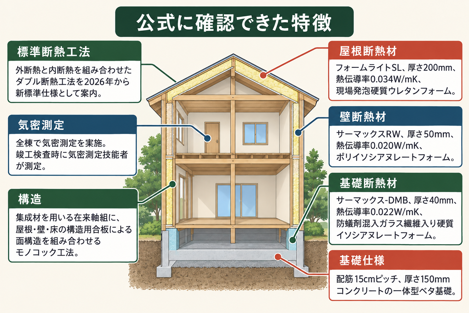 公式に確認できた特徴の図。標準断熱工法＝外断熱と内断熱を組み合わせたダブル断熱工法を2026年から新標準仕様として案内／気密測定＝全棟で気密測定を実施。竣工検査時に気密測定技能者が測定／屋根断熱材＝フォームライトSL、厚さ200mm、熱伝導率0.034W/mK、現場発泡硬質ウレタンフォーム／壁断熱材＝サーマックスRW、厚さ50mm、熱伝導率0.020W/mK、ポリイソシアヌレートフォーム／基礎断熱材＝サーマックス-DMB、厚さ40mm、熱伝導率0.022W/mK、防蟻剤混入ガラス繊維入り硬質イソシアヌレートフォーム／構造＝集成材を用いる在来軸組に、屋根・壁・床の構造用合板による面構造を組み合わせるモノコック工法／基礎仕様＝配筋15cmピッチ、厚さ150mmコンクリートの一体型ベタ基礎。