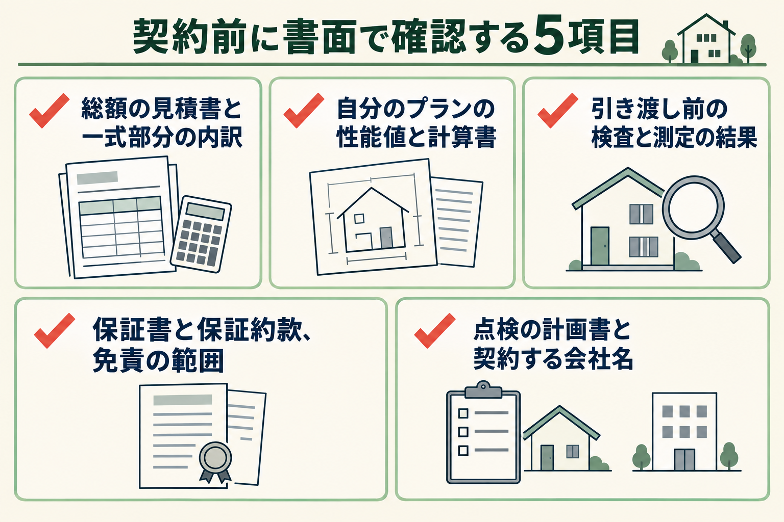 契約前に書面で確認する5項目の図。総額の見積書と一式部分の内訳／自分のプランの性能値と計算書／引き渡し前の検査と測定の結果／保証書と保証約款、免責の範囲／点検の計画書と契約する会社名。