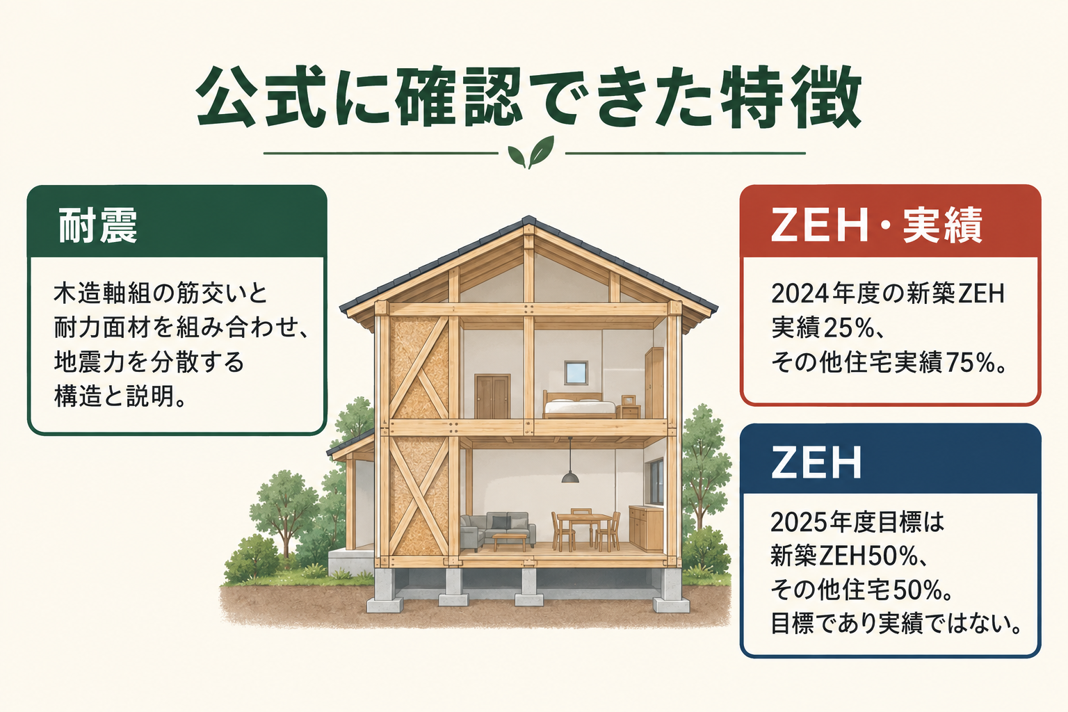 公式に確認できた特徴の図。耐震＝木造軸組の筋交いと耐力面材を組み合わせ、地震力を分散する構造と説明／ZEH・実績＝2024年度の新築ZEH実績25%、その他住宅実績75%／ZEH＝2025年度目標は新築ZEH50%、その他住宅50%。目標であり実績ではない。