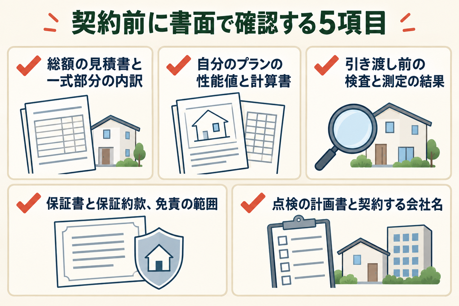 契約前に書面で確認する5項目の図。総額の見積書と一式部分の内訳／自分のプランの性能値と計算書／引き渡し前の検査と測定の結果／保証書と保証約款、免責の範囲／点検の計画書と契約する会社名。