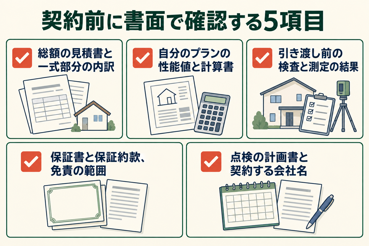 契約前に書面で確認する5項目の図。総額の見積書と一式部分の内訳／自分のプランの性能値と計算書／引き渡し前の検査と測定の結果／保証書と保証約款、免責の範囲／点検の計画書と契約する会社名。