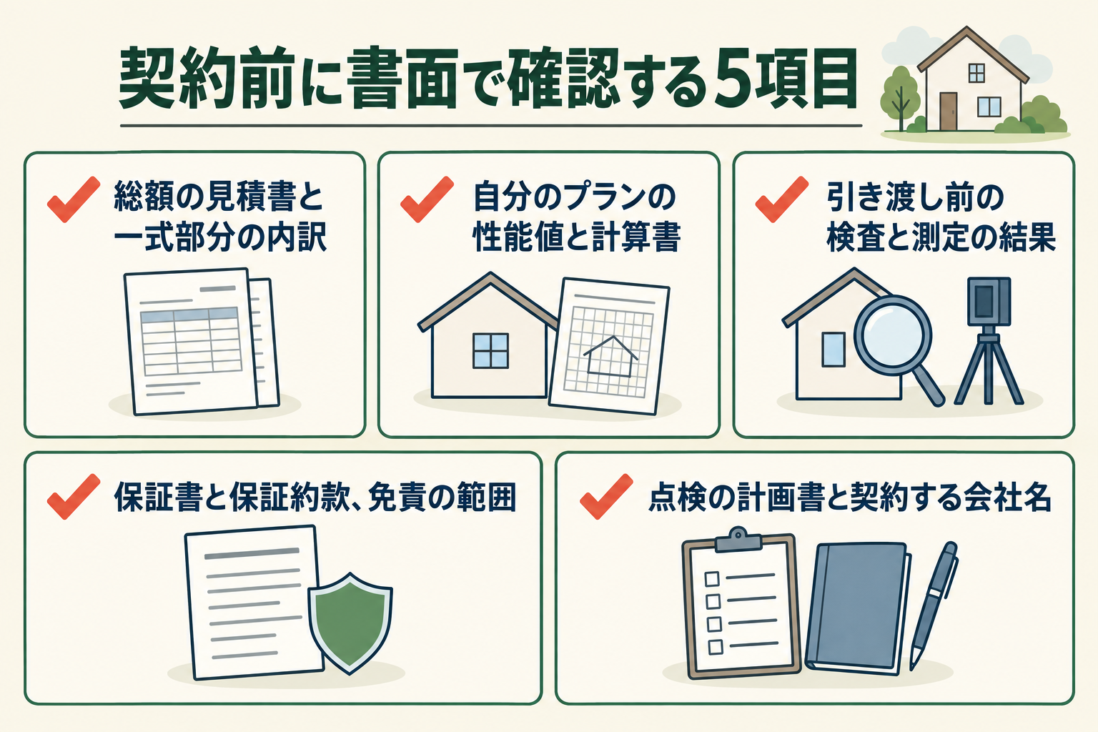 契約前に書面で確認する5項目の図。総額の見積書と一式部分の内訳／自分のプランの性能値と計算書／引き渡し前の検査と測定の結果／保証書と保証約款、免責の範囲／点検の計画書と契約する会社名。