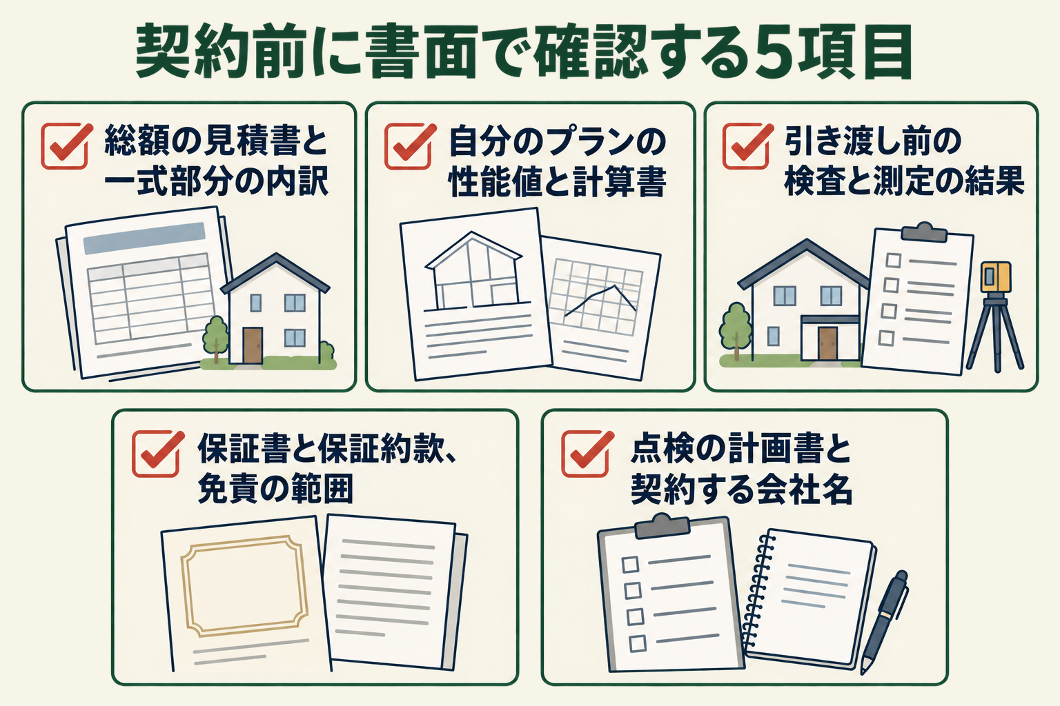 契約前に書面で確認する5項目の図。総額の見積書と一式部分の内訳／自分のプランの性能値と計算書／引き渡し前の検査と測定の結果／保証書と保証約款、免責の範囲／点検の計画書と契約する会社名。